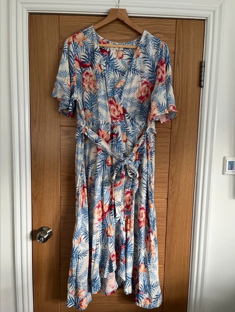 Floral Blue & Peach Wrap Midi Dress